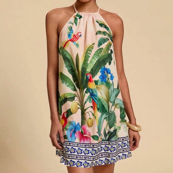 Summer Beach Tropical Print Short Halter Dress sz M - Picture 3 of 5